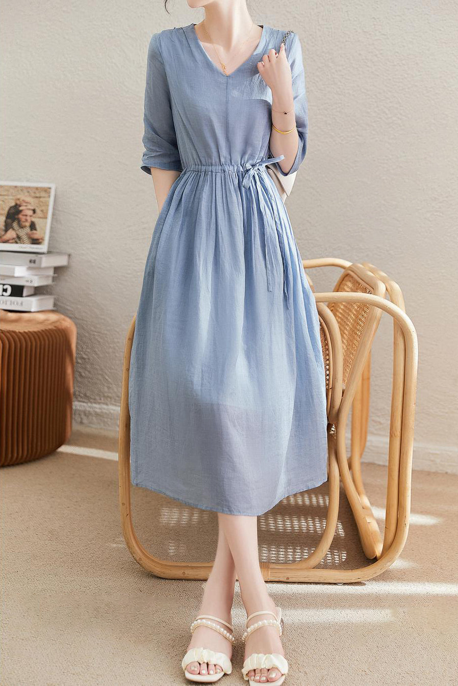 V-Neck Drawstring Long Flare Dress