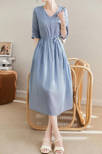 V-Neck Drawstring Long Flare Dress
