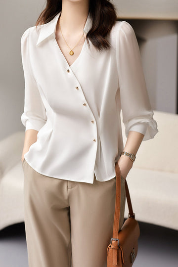 Mixed Material Skipper Collar Satin Blouse