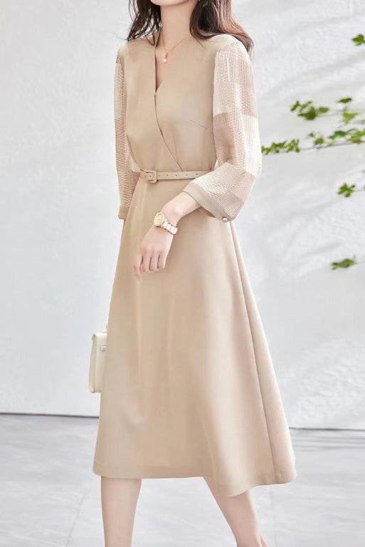 Mixed Material Sheer Check Contrast Crossover Belt Long Dress