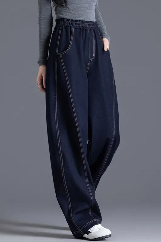 Fashionable elastic waist curved-leg jeans