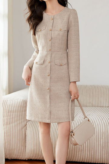Elegant No-Collar Button Decor Dress