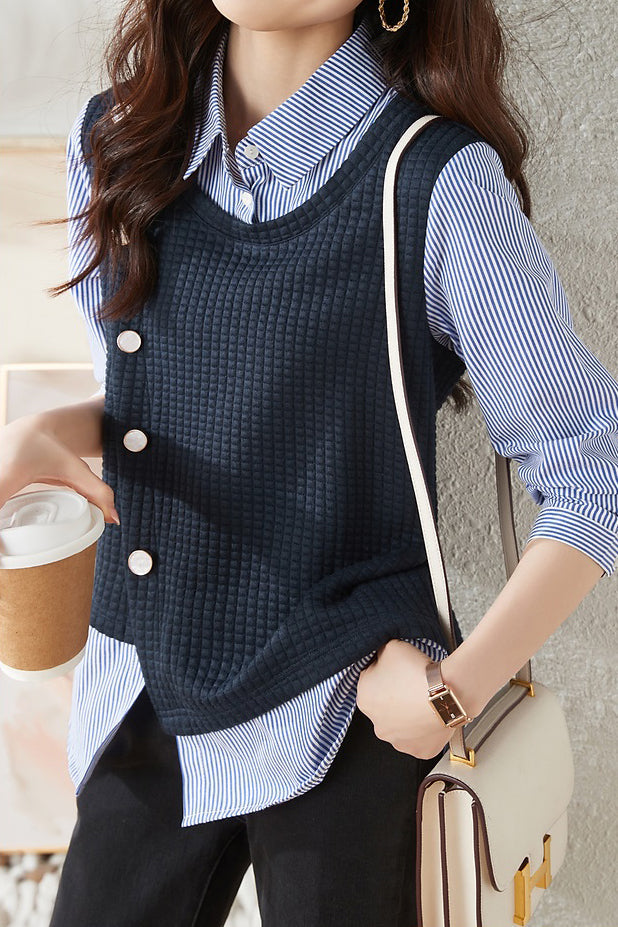 Layered Look Side Button Decorated Check Contrast Stripe Shirt