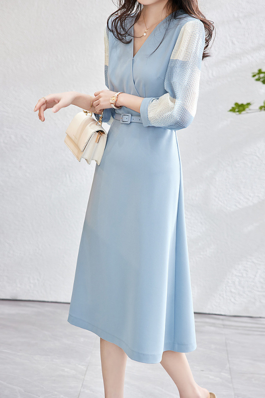 Mixed Material Sheer Check Contrast Crossover Belt Long Dress
