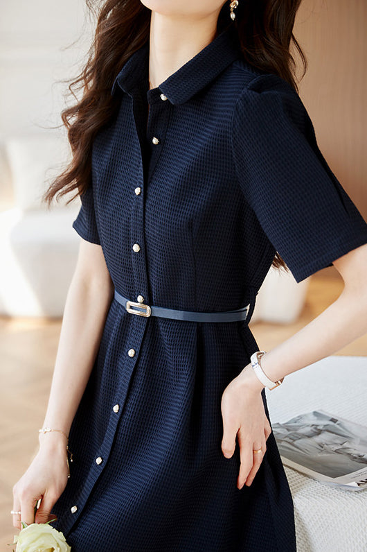 Elegant Shirt Collar Dress with Contour Belt