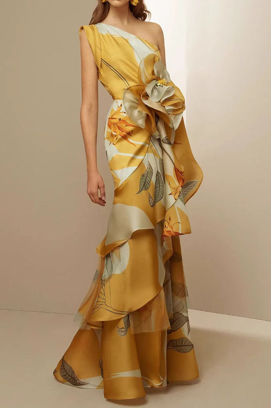 One Shoulder Statement Ruffle Maxi Dress