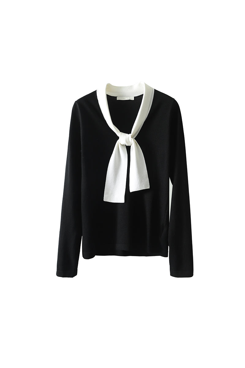 Elegant Two-tone Scarf Color Knit Top