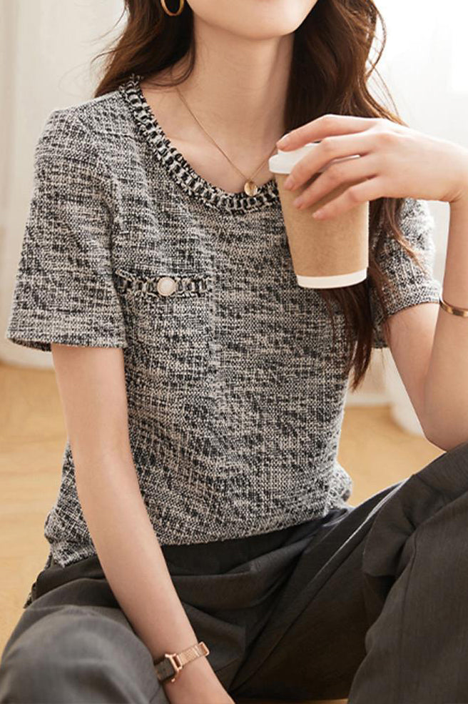 Elegant Round Neck Tweed T-shirt