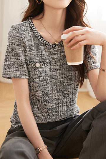 Elegant Round Neck Tweed T-shirt