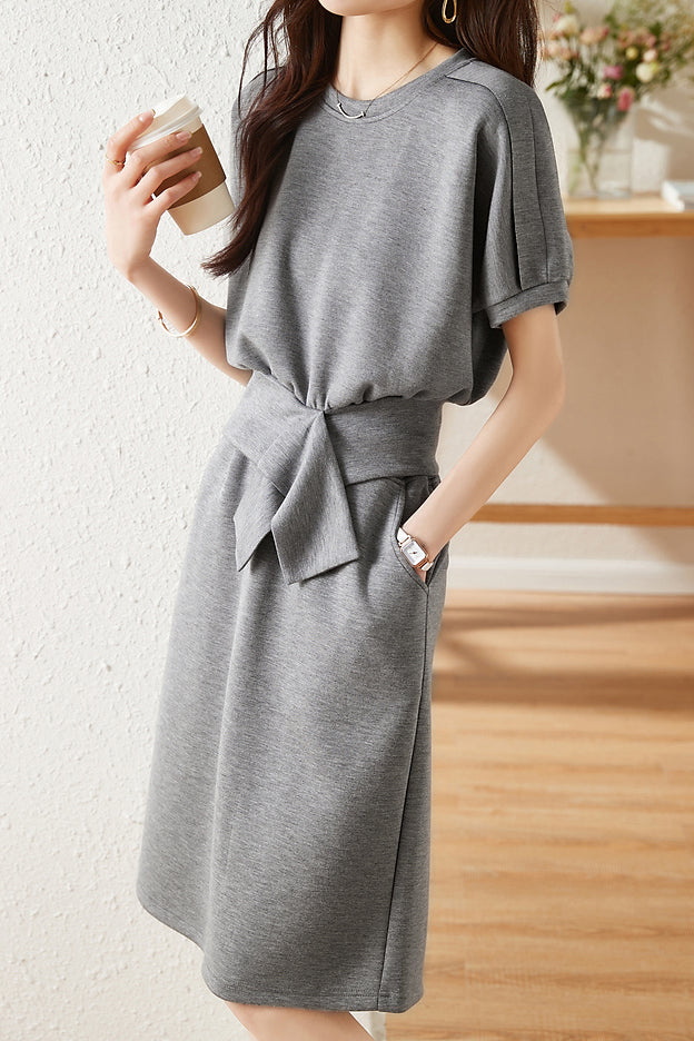 Coordinated Two-Piece Outfit: Crossover Front Stretch Tee & High-Slit Stretch Maxi Skirt Set