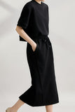 Two-Piece Set: Drop Shoulder Plain Sweat + Back Slit Straight Long Skirt
