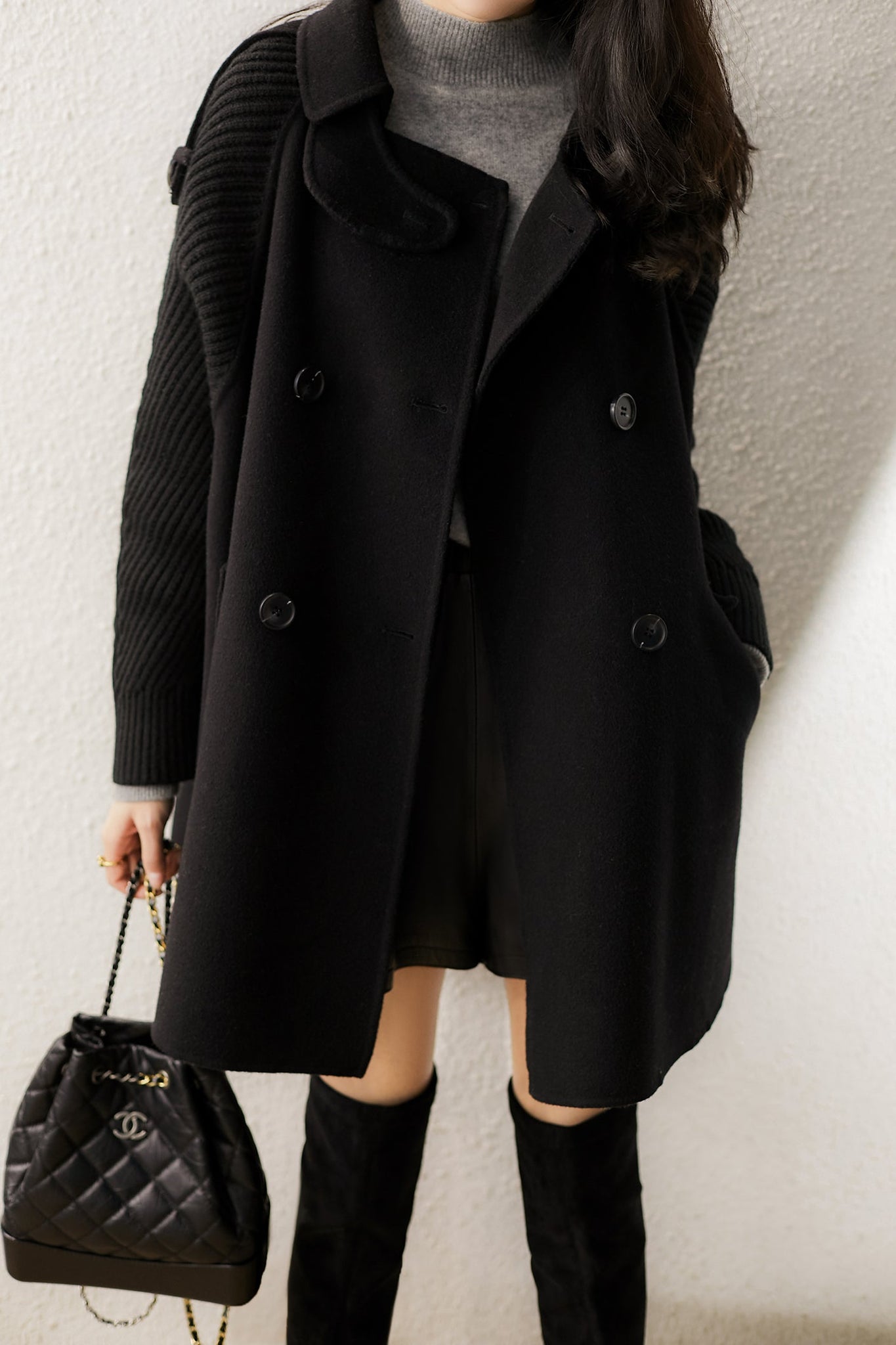 Stand Collar Epaulet Decor Knit Contrast Melton Coat