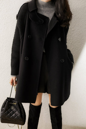 Stand Collar Epaulet Decor Knit Contrast Melton Coat