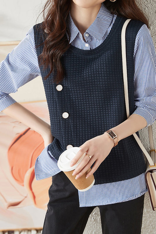 Layered Look Side Button Decorated Check Contrast Stripe Shirt