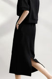Two-Piece Set: Drop Shoulder Plain Sweat + Back Slit Straight Long Skirt