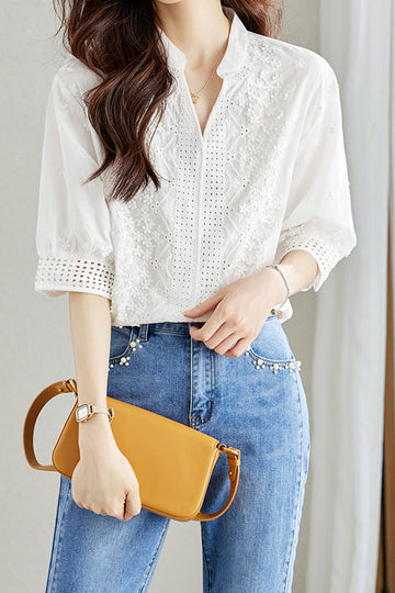 Skipper Collar Sheer Cutwork Flower Embroidered Blouse