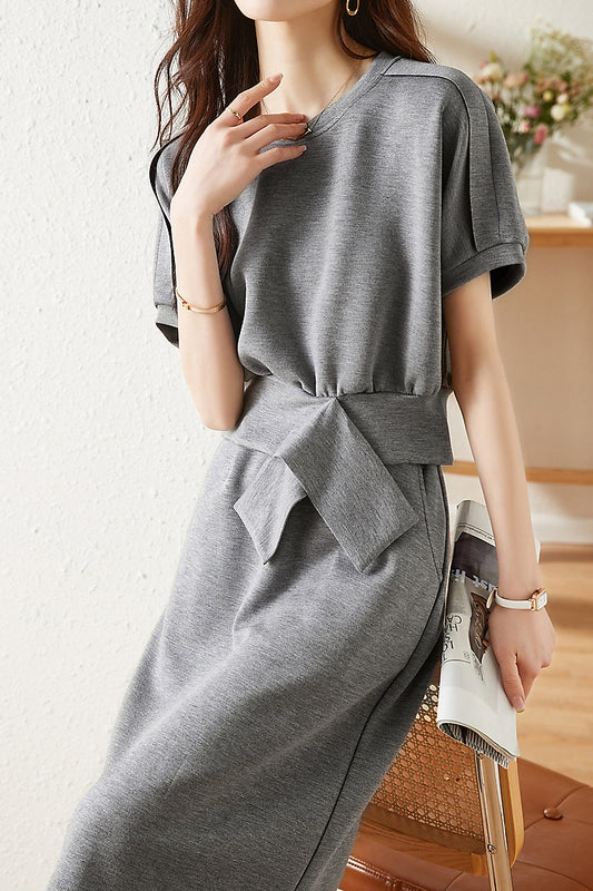 Coordinated Two-Piece Outfit: Crossover Front Stretch Tee & High-Slit Stretch Maxi Skirt Set
