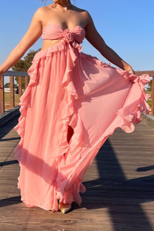 Strapless Tie Front Ruffle Maxi Dress