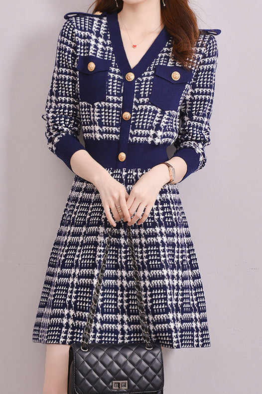 Elegant V-neck Houndstooth Knit Dress
