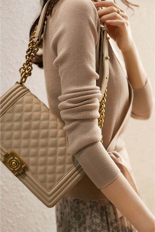 Elegant Crossover Ribbon-Tie Knit Sweater