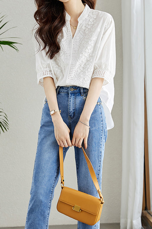 Skipper Collar Sheer Cutwork Flower Embroidered Blouse