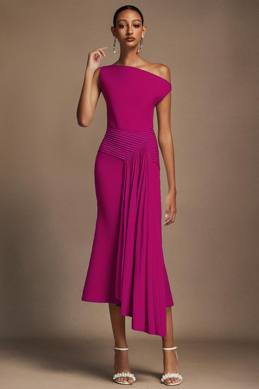 Paulina Oblique Shoulder Sleeveless Folds RosePink Midi Dress