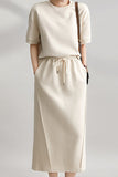 Two-Piece Set: Drop Shoulder Plain Sweat + Back Slit Straight Long Skirt