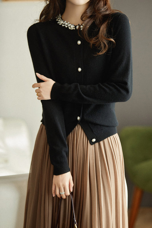 Elegant Luxury Pearl-Embellished Cardigan