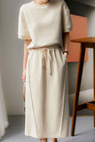 Two-Piece Set: Drop Shoulder Plain Sweat + Back Slit Straight Long Skirt