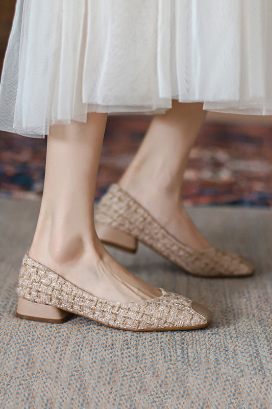 Leather Contrast Twill Ballet Flats