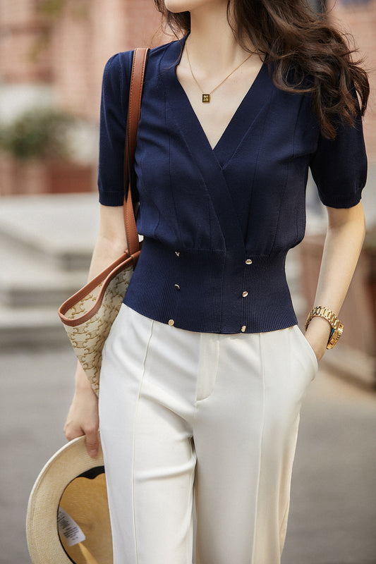 V-Neck Dual-Button Knit Sweater