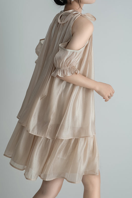 Band Collar Shoulder-Baring Tiered Dress