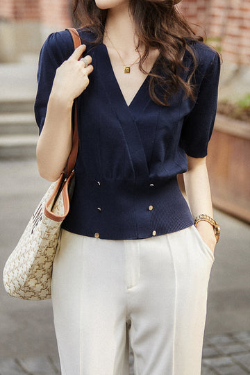 V-Neck Dual-Button Knit Sweater