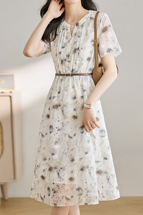 Skipper Collar Floral Pintuck Belted Dress