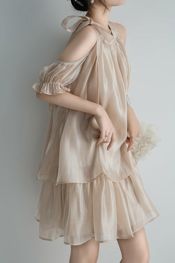 Band Collar Shoulder-Baring Tiered Dress