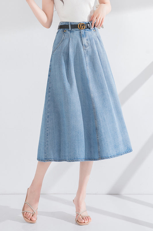 Side Pocket Long Flare Denim Skirt