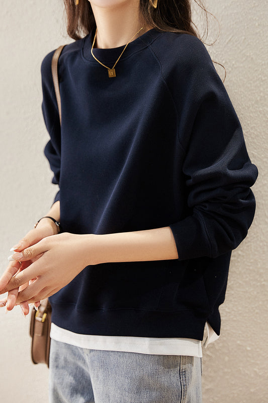 Mixed Material Round Neck Simple Sweatshirt