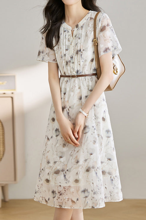 Skipper Collar Floral Pintuck Belted Dress