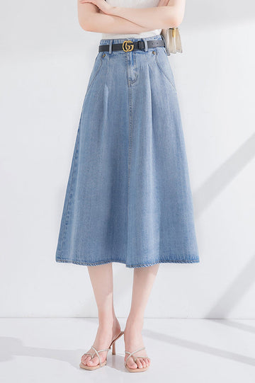 Side Pocket Long Flare Denim Skirt
