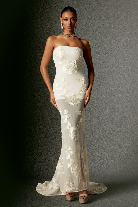 Deliyn Strapless Embroidery Flower Mesh Maxi Dress