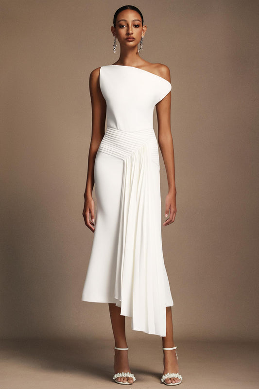 Paulina Oblique Shoulder Sleeveless Folds Midi Dress