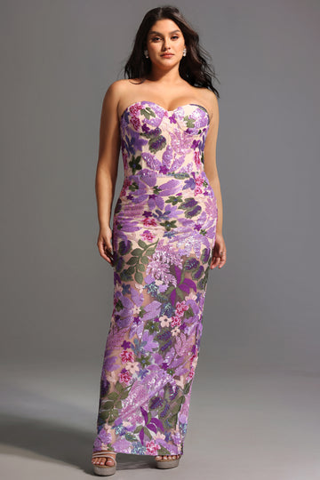 Eugenia Flower Sequins Strapless Mesh Dress - Purple