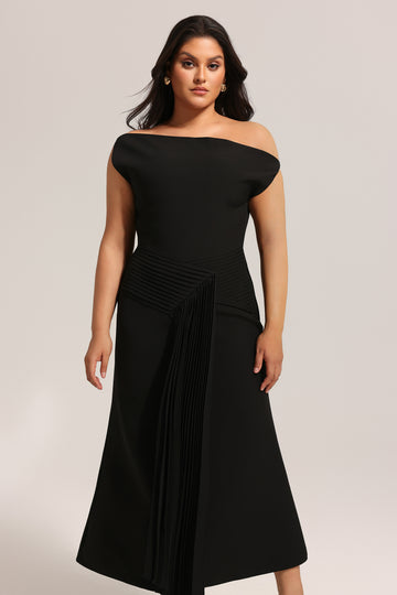 Juny Oblique Shoulder Sleeveless Folds Midi Dress