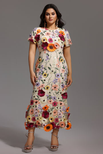 Naya Short Sleeve Round Neck Flowers Fishtail Midi Dress