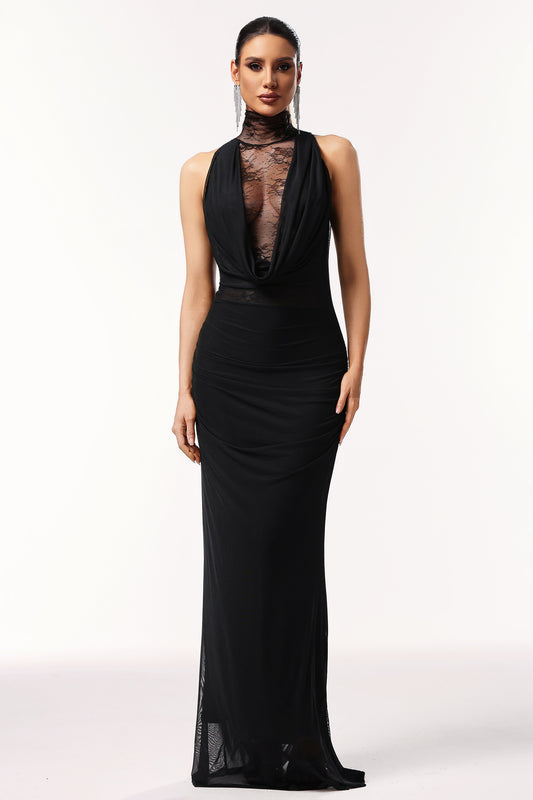 Guga Halter Sleeveless Lace Wrinkle Maxi Dress