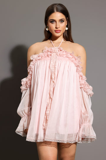 Estella Long Sleeves Flowers Folds Mini Dress