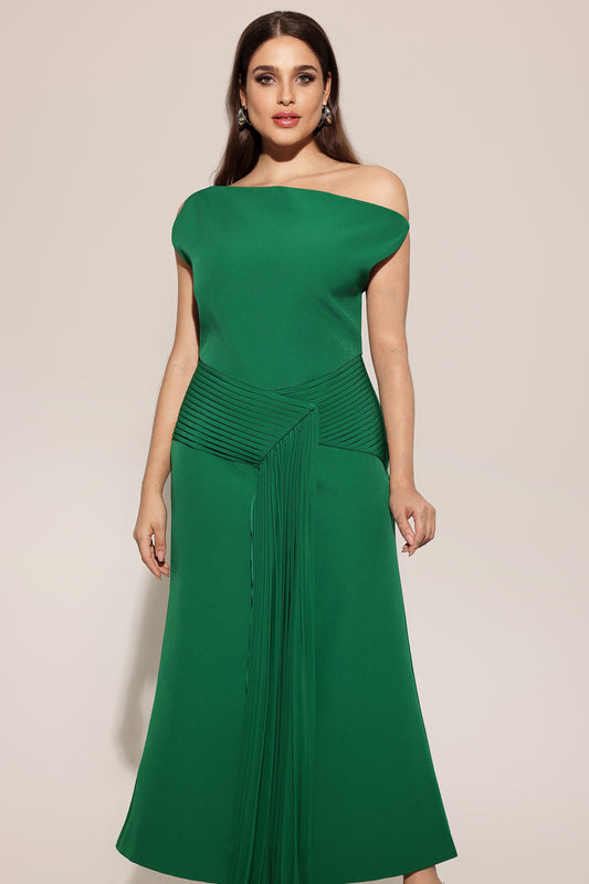 Paulina Oblique Shoulder Sleeveless Folds Green Midi Dress