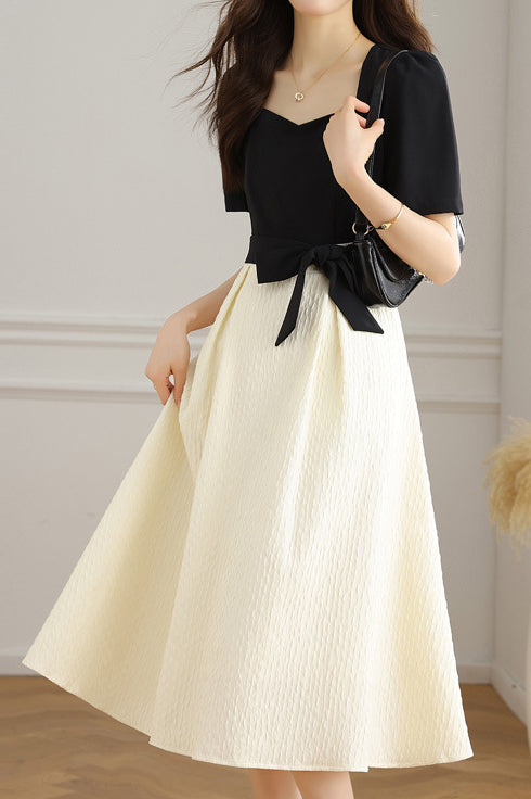 Two-Tone Square Neck Dress with Tie Belt and Flared Skirt