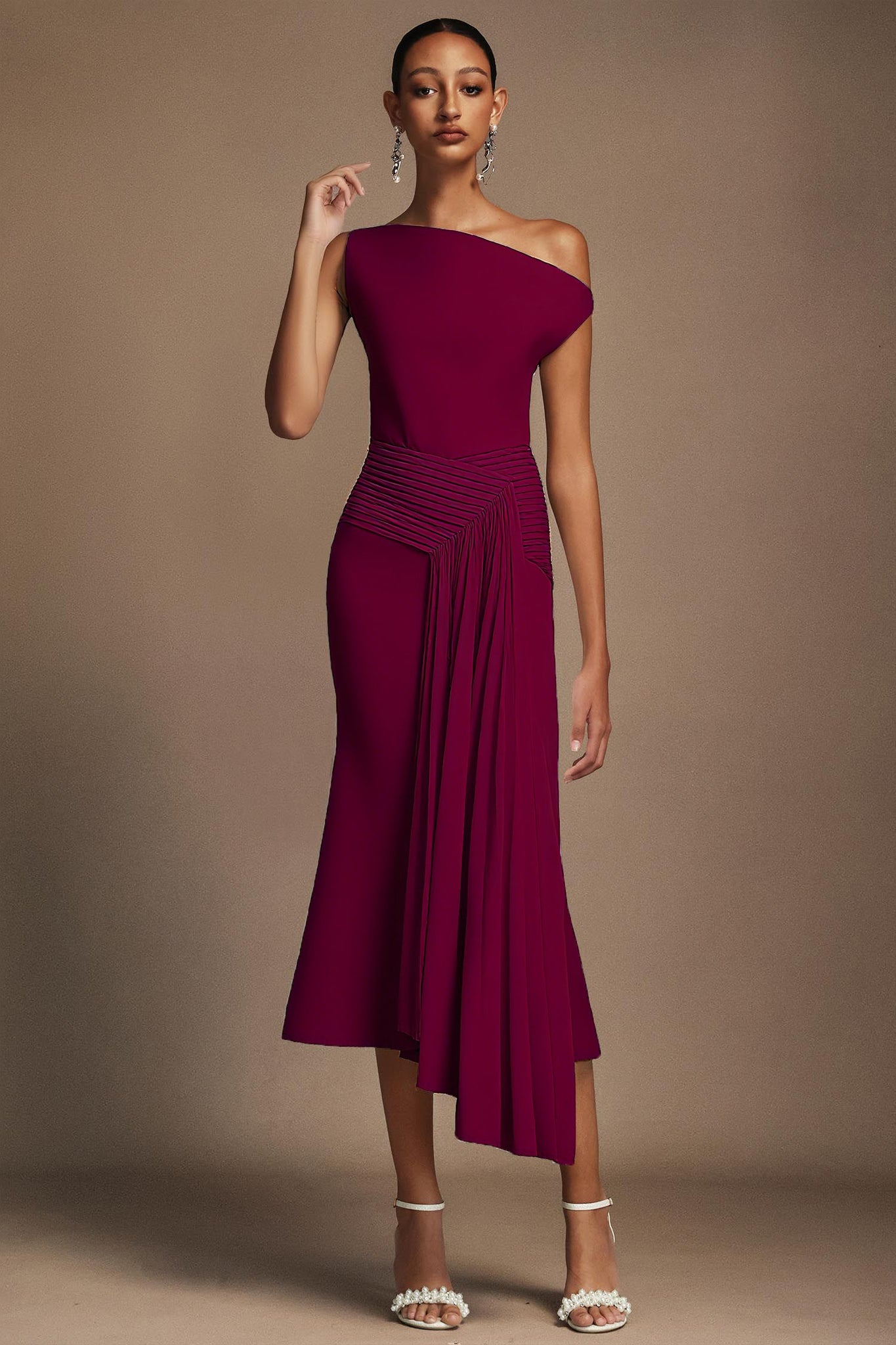 Paulina Oblique Shoulder Sleeveless Folds RosePink Midi Dress