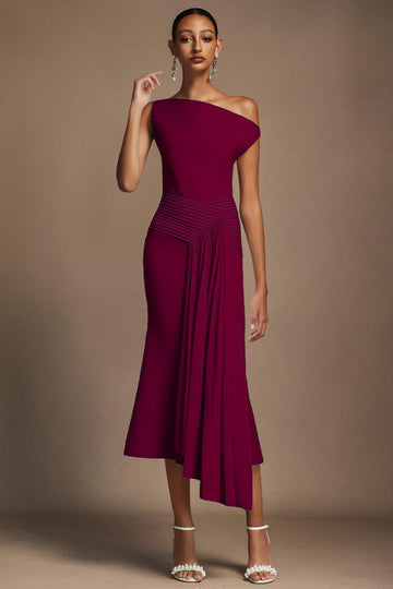 Paulina Oblique Shoulder Sleeveless Folds RosePink Midi Dress